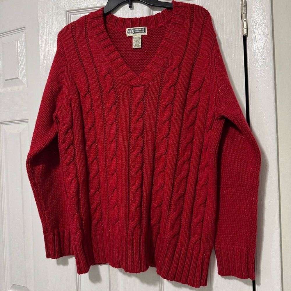 Vintage Route 66 V-Neck Red Cable Knit Sweater‎